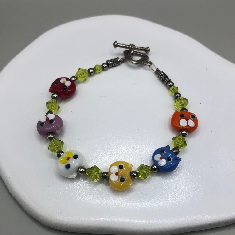 Colorful art glass kity cat faces bead bracelet artisan FREE EXTRA